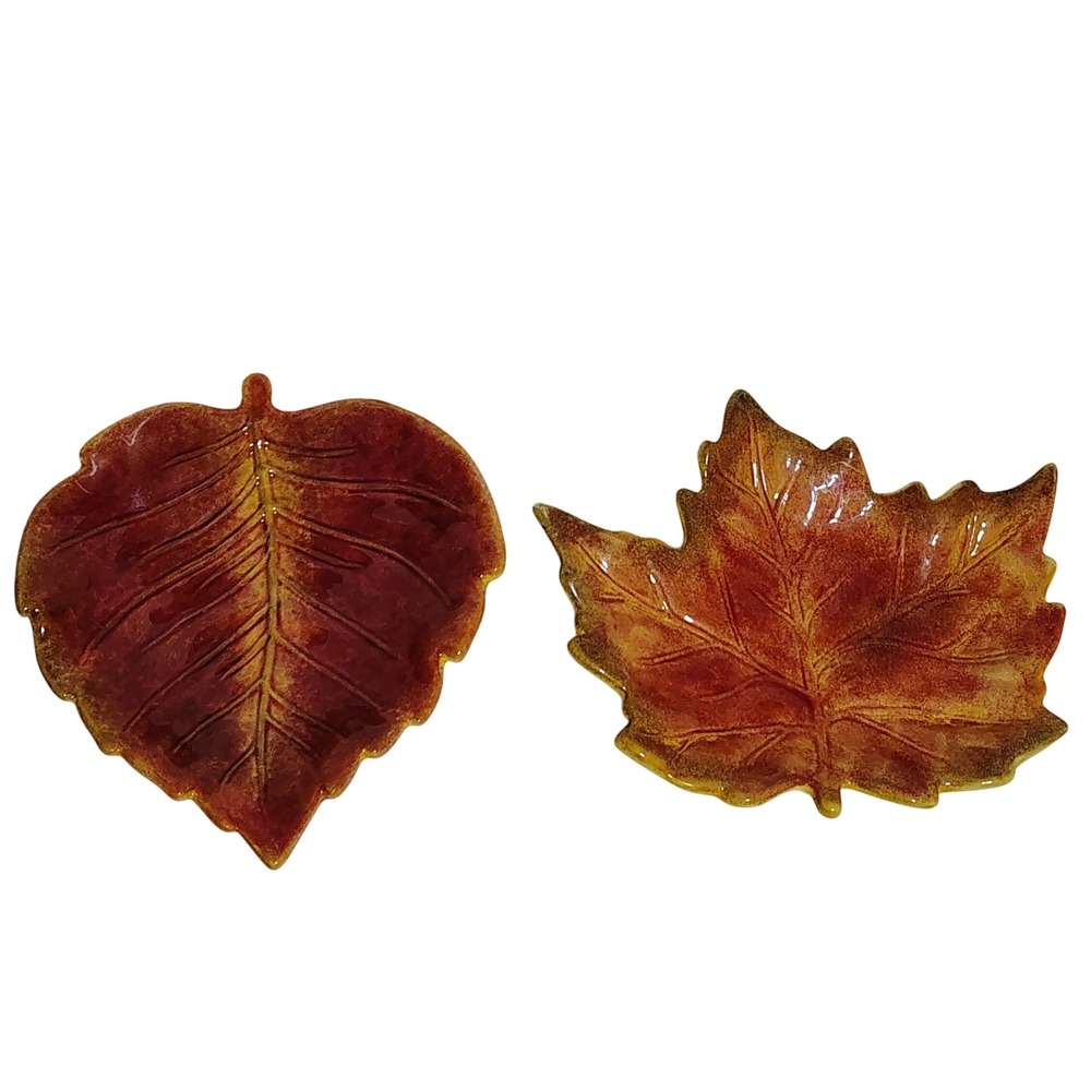 Home Accents Leaf Shaped Dish Plate Orange Red Yellow Autumn Fall Decor Ceramic